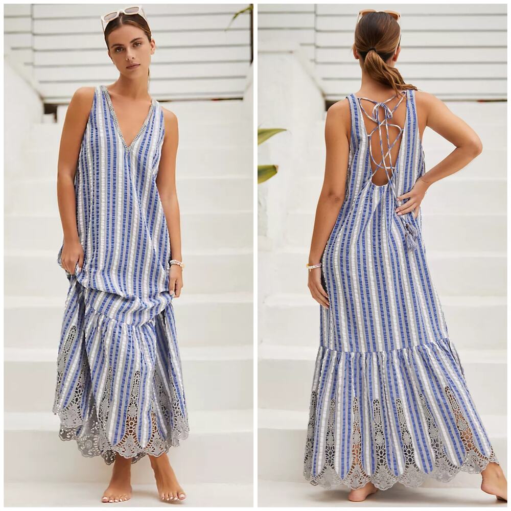By Anthropologie Tiered Crochet Maxi Dress Blue White Stripe